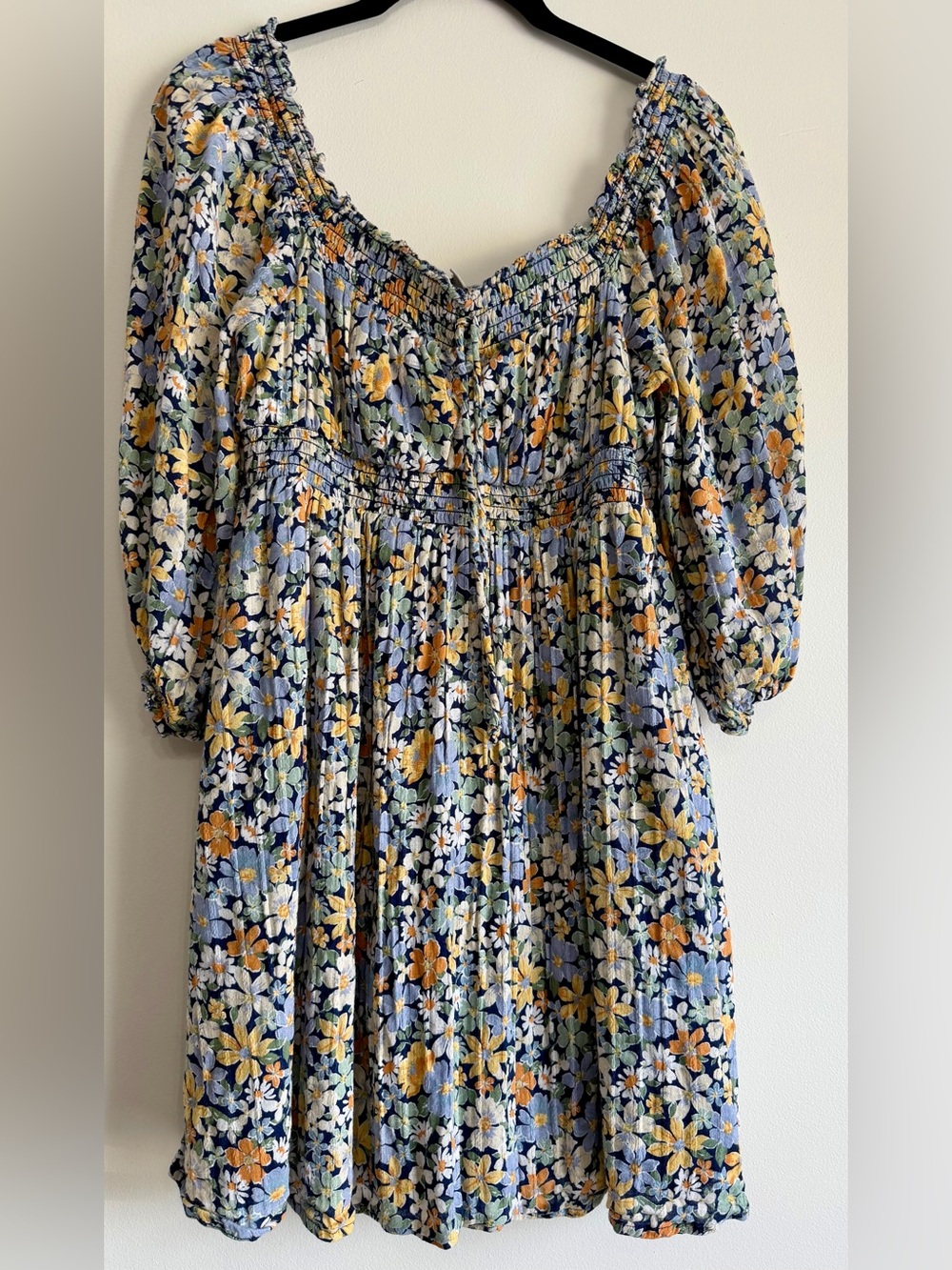 American Eagle Floral Smocked Mini Dress Women’s Small Blue Yellow Peasant Boho